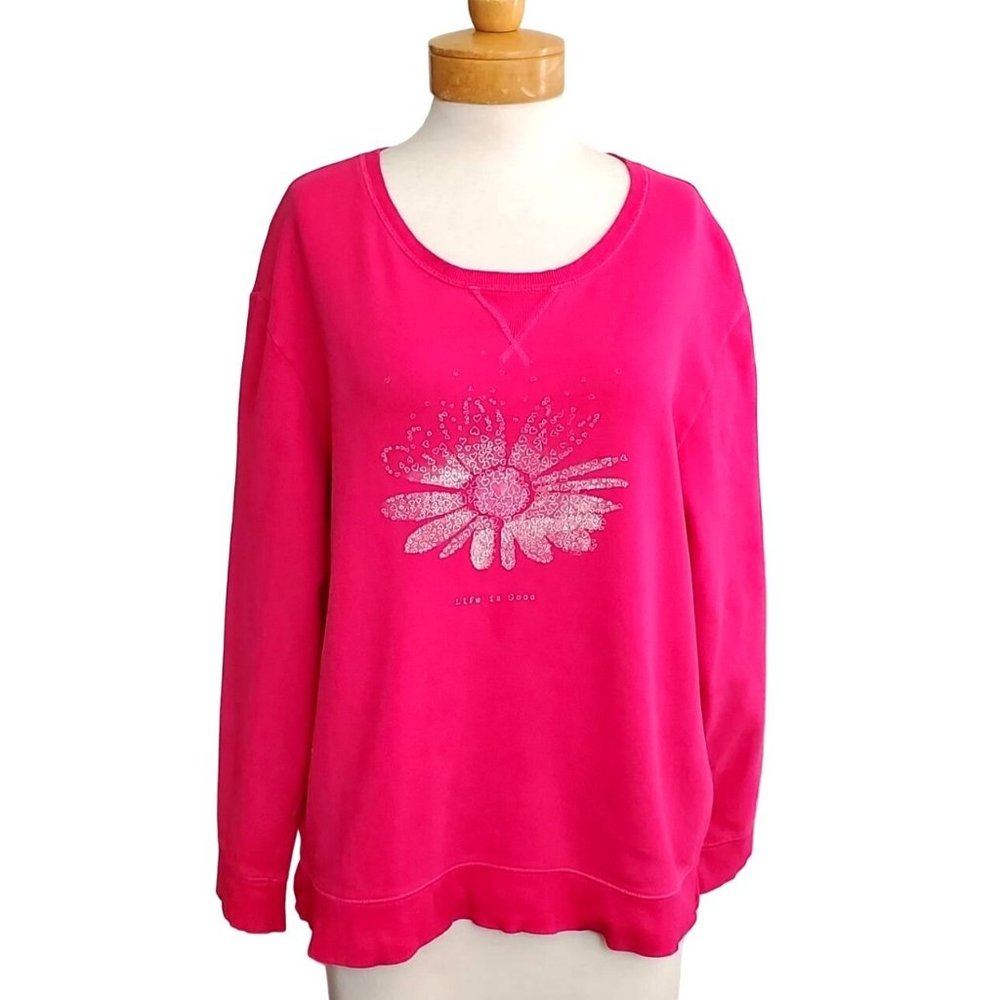 Life Is Good Women's Go-To Crew Daisy Hearts Pink Sweater Sweatshirt Sz XL